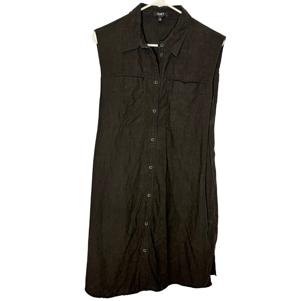 OAT NY Lagenlook Linen Shirt Dress Medium Minimal Black Sleeveless Button Front